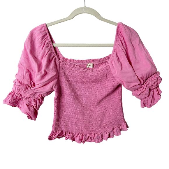 Altar’d State Smocked Puff Sleeve Crop Top Large Pink Romantic Balloon Sleeve - Picture 1 of 8